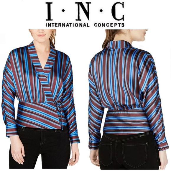 NWT INC International Concepts Sm Striped Night Out LS Wrap Top - Picture 1 of 8
